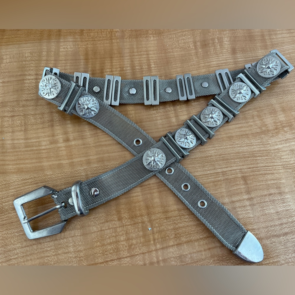 Women's Silver Metal Mesh Belt with Decorative Conchos